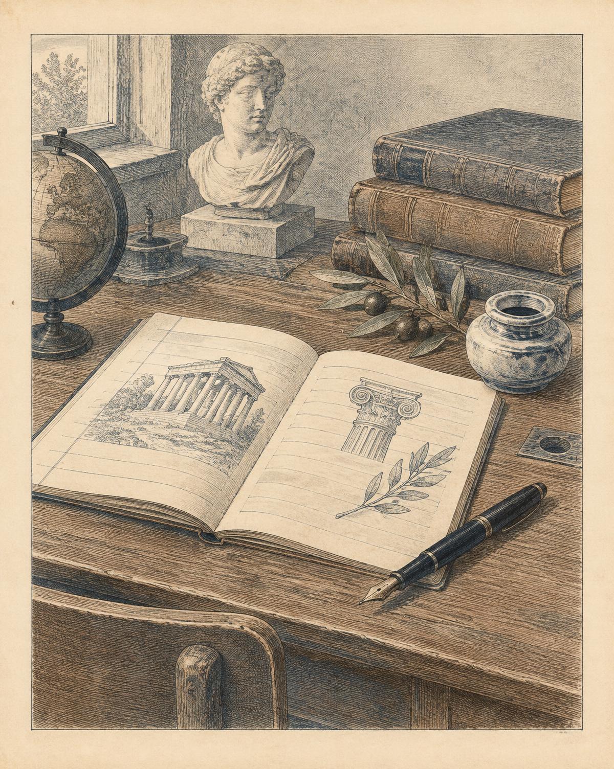 Kupferstich eines Studienhefts mit Büchern und einem Füllfederhalter